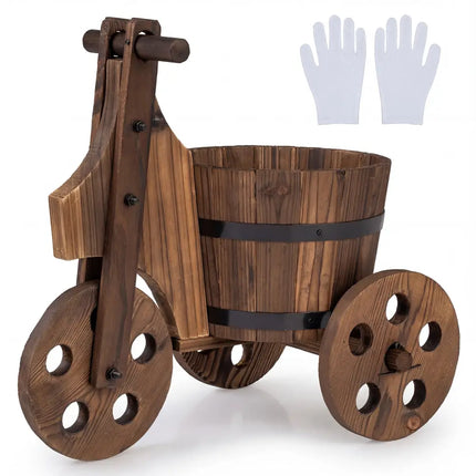 Rustic Wood Tricycle Planter Barrel Flower Pot Cart with Drainage Hole-Coffee - Coffee - Raised Garden Beds