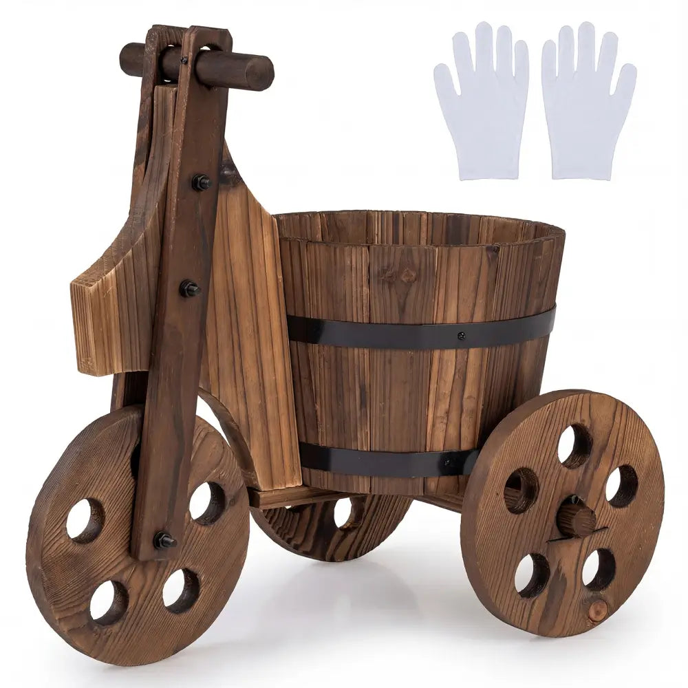Rustic Wood Tricycle Planter Barrel Flower Pot Cart with Drainage Hole-Coffee - Coffee - Raised Garden Beds