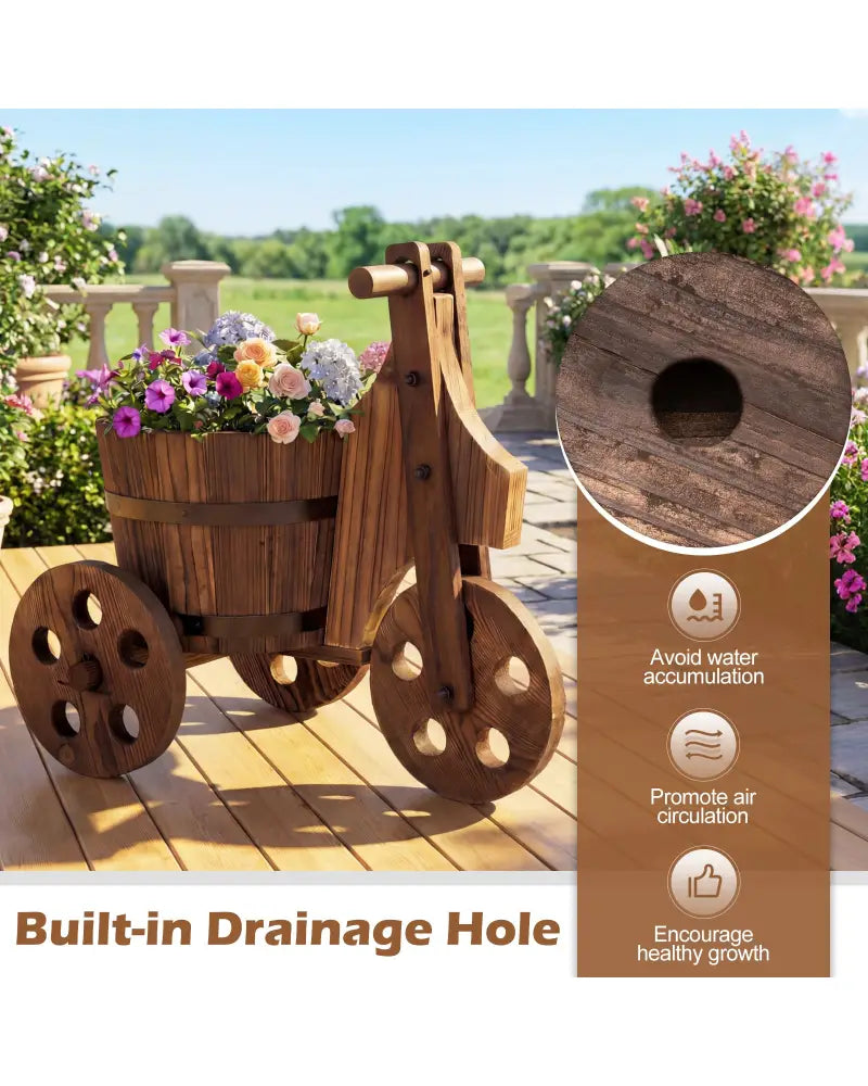 Rustic Wood Tricycle Planter Barrel Flower Pot Cart with Drainage Hole-Coffee - Coffee - Raised Garden Beds