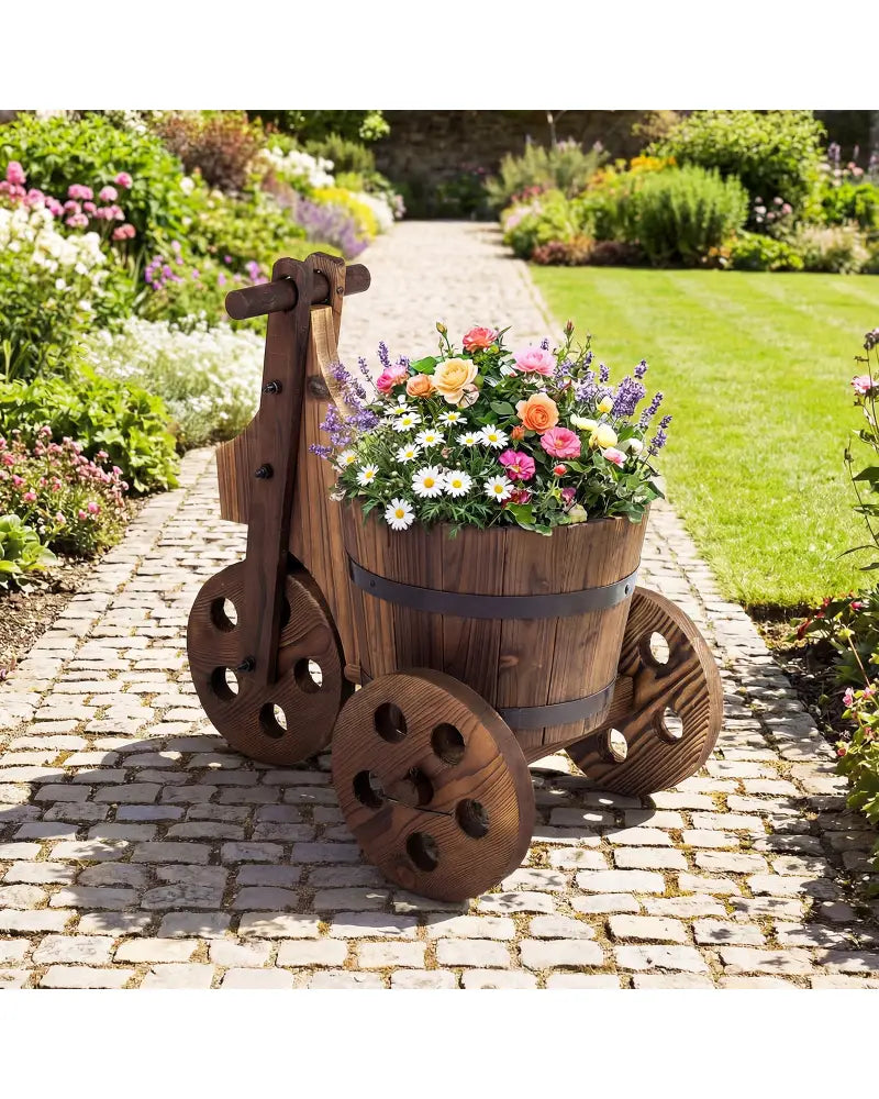 Rustic Wood Tricycle Planter Barrel Flower Pot Cart with Drainage Hole-Coffee - Coffee - Raised Garden Beds