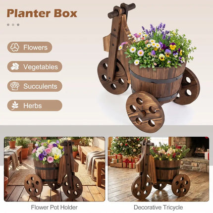 Rustic Wood Tricycle Planter Barrel Flower Pot Cart with Drainage Hole-Coffee - Coffee - Raised Garden Beds