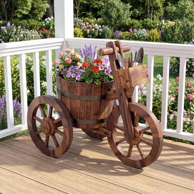 Rustic Wood Tricycle Planter with Wheels and Storage Box-Coffee - Coffee - Raised Garden Beds