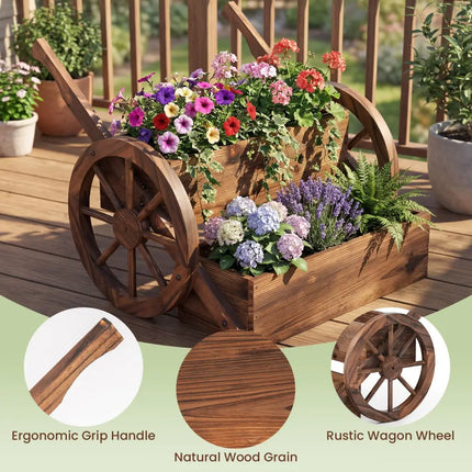 Rustic Wood Wagon Planter 2-Tier Versatile Raised Garden Bed with Wheels-Brown - Brown - Raised Garden Beds