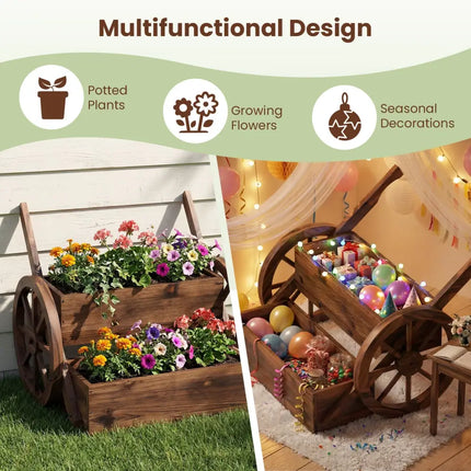 Rustic Wood Wagon Planter 2-Tier Versatile Raised Garden Bed with Wheels-Brown - Brown - Raised Garden Beds