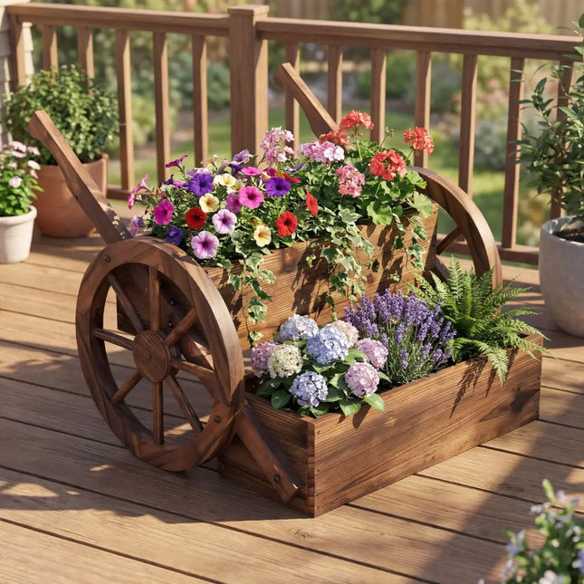 Rustic Wood Wagon Planter 2-Tier Versatile Raised Garden Bed with Wheels-Brown - Brown - Raised Garden Beds