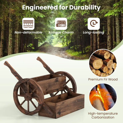 Rustic Wood Wagon Planter 2-Tier Versatile Raised Garden Bed with Wheels-Brown - Brown - Raised Garden Beds