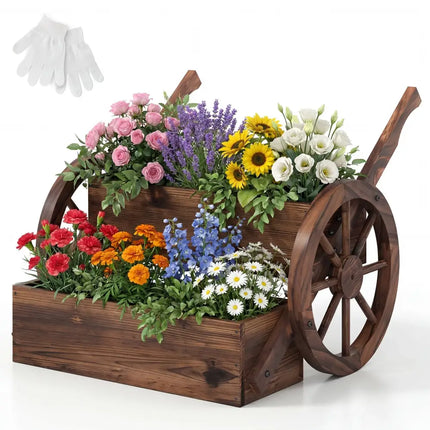 Rustic Wood Wagon Planter 2-Tier Versatile Raised Garden Bed with Wheels-Brown - Brown - Raised Garden Beds