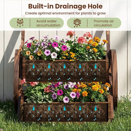 Rustic Wood Wagon Planter 2-Tier Versatile Raised Garden Bed with Wheels-Brown - Brown - Raised Garden Beds