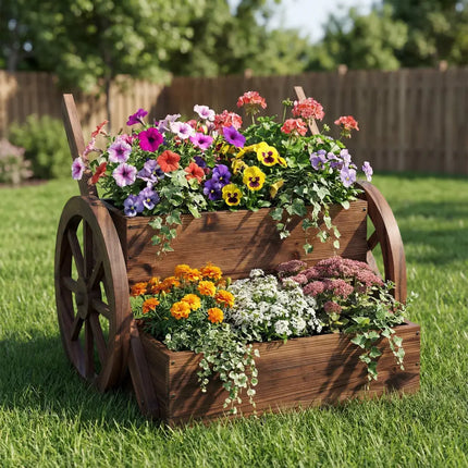 Rustic Wood Wagon Planter 2-Tier Versatile Raised Garden Bed with Wheels-Brown - Brown - Raised Garden Beds
