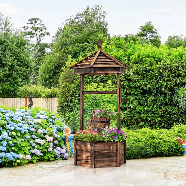 Rustic Wooden Wishing Well with Adjustable Hanging Bucket-Brown - Brown - Outdoor Decor