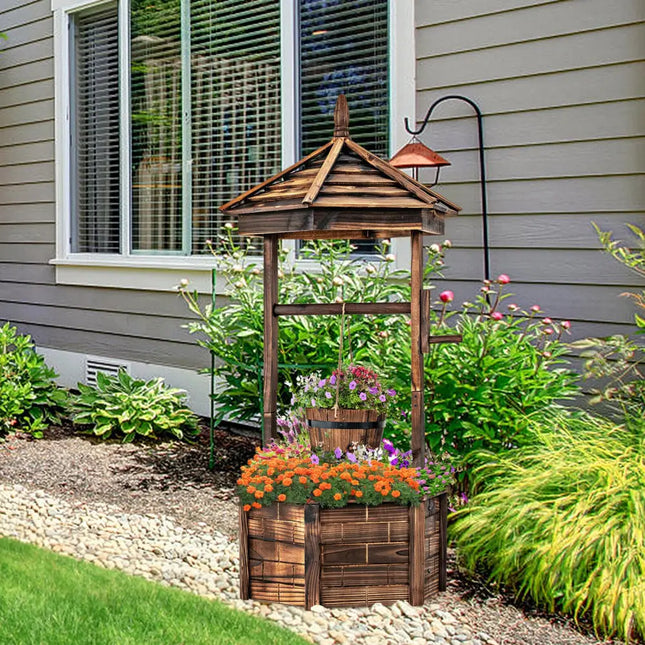 Rustic Wooden Wishing Well with Adjustable Hanging Bucket-Brown - Brown - Outdoor Decor