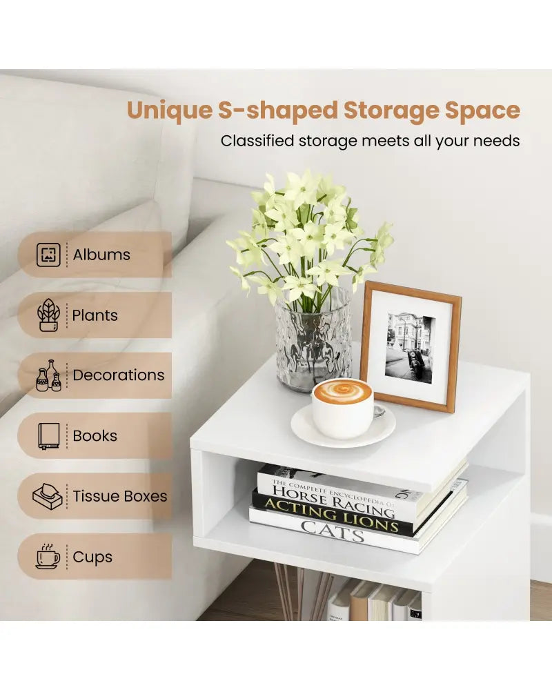 S-Shaped Side Table with Unique S-shaped Frame and 2 Open Compartments-White - White - End & Side Tables