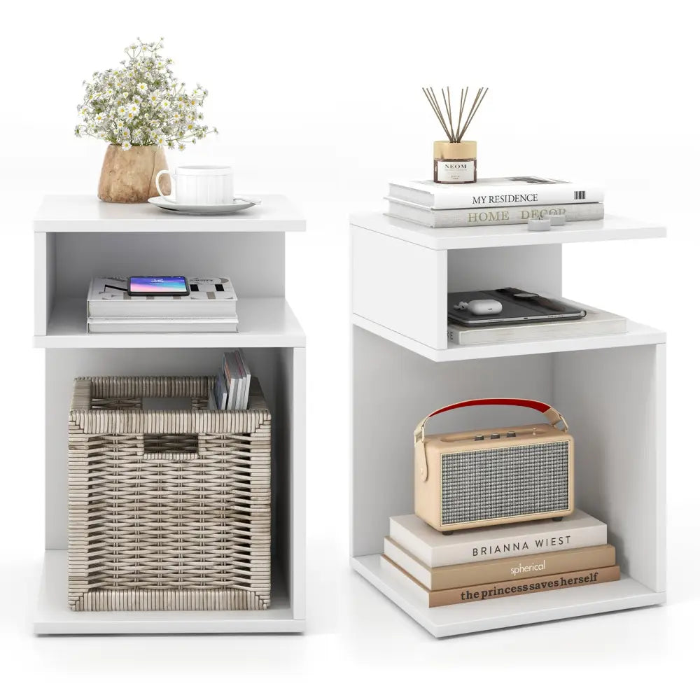 S-Shaped Side Table with Unique S-shaped Frame and 2 Open Compartments-White - White - End & Side Tables