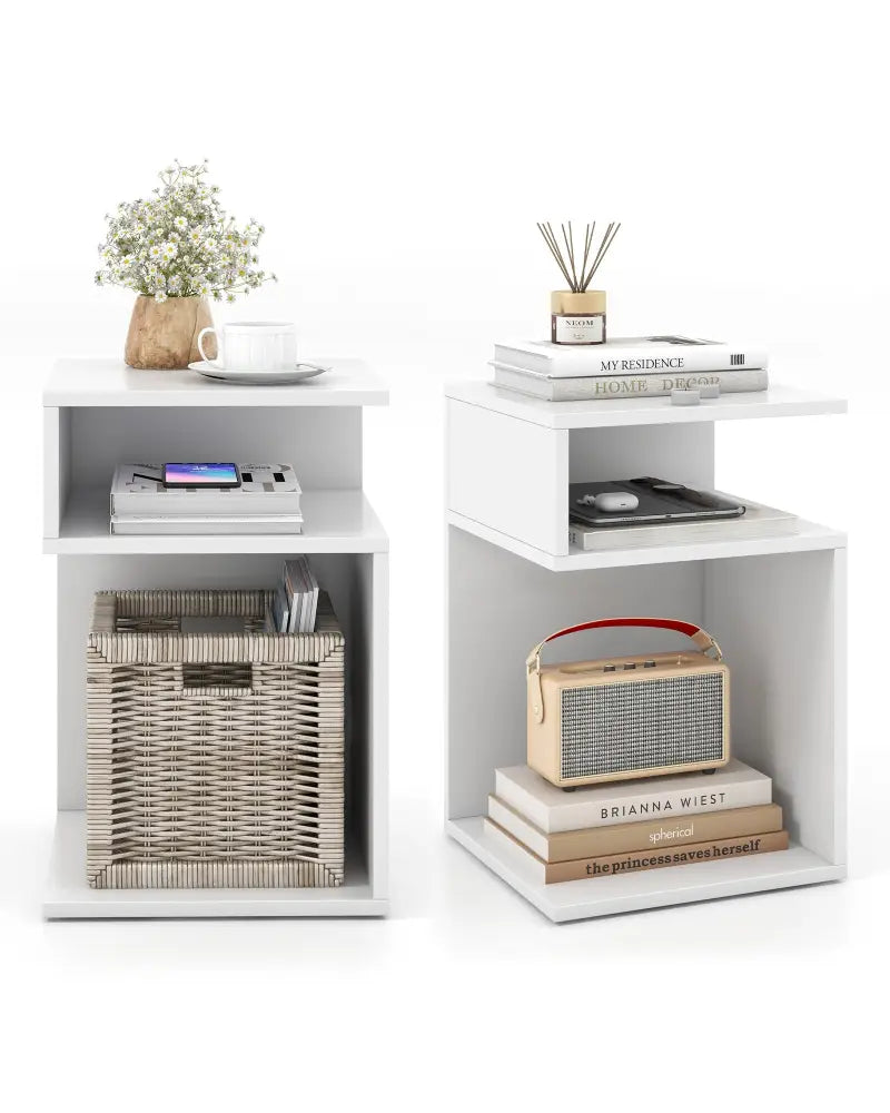 S-Shaped Side Table with Unique S-shaped Frame and 2 Open Compartments-White - White - End & Side Tables