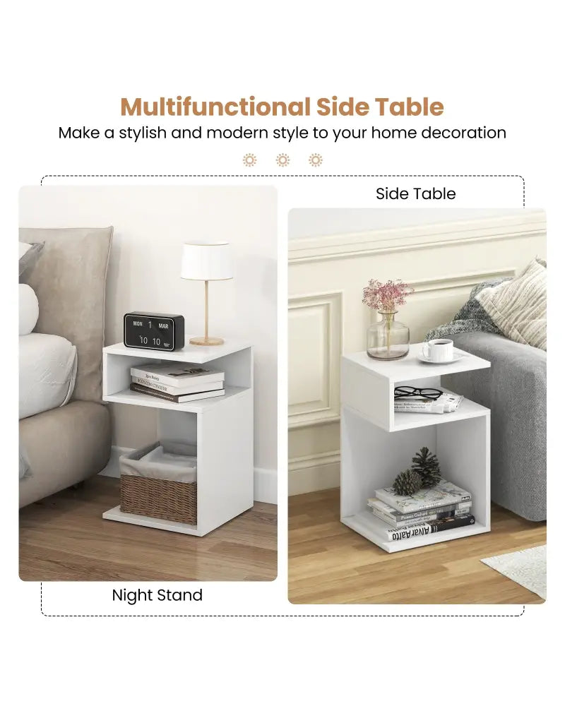 S-Shaped Side Table with Unique S-shaped Frame and 2 Open Compartments-White - White - End & Side Tables