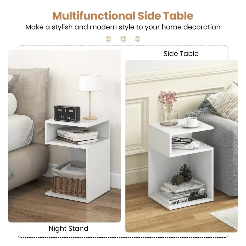 S-Shaped Side Table with Unique S-shaped Frame and 2 Open Compartments-White - White - End & Side Tables