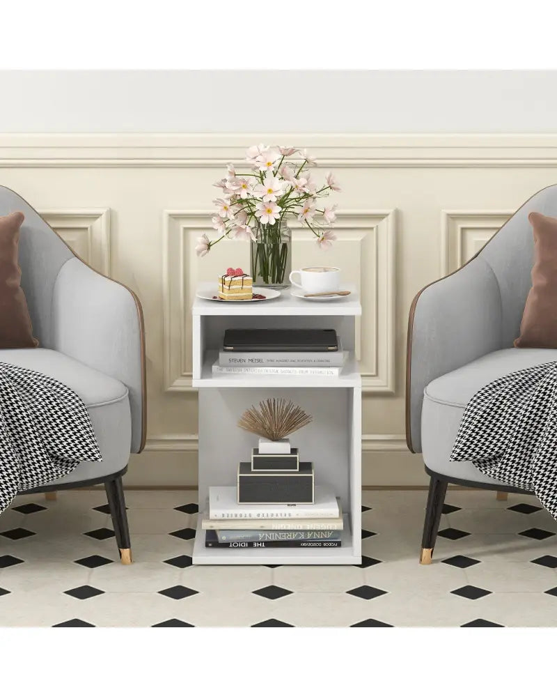 S-Shaped Side Table with Unique S-shaped Frame and 2 Open Compartments-White - White - End & Side Tables