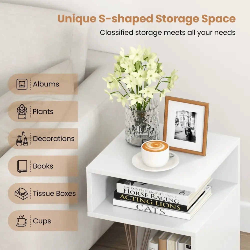 S-Shaped Side Table with Unique S-shaped Frame and 2 Open Compartments-White - White - End & Side Tables