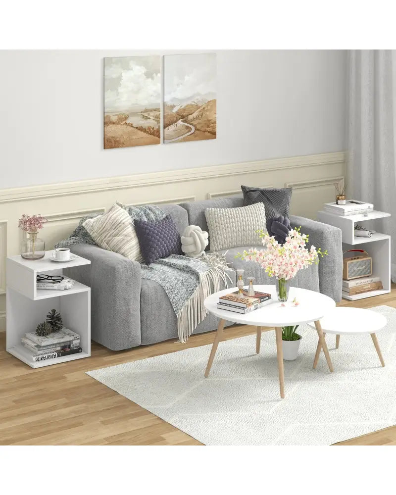 S-Shaped Side Table with Unique S-shaped Frame and 2 Open Compartments-White - White - End & Side Tables