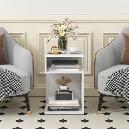 S-Shaped Side Table with Unique S-shaped Frame and 2 Open Compartments-White - White - End & Side Tables