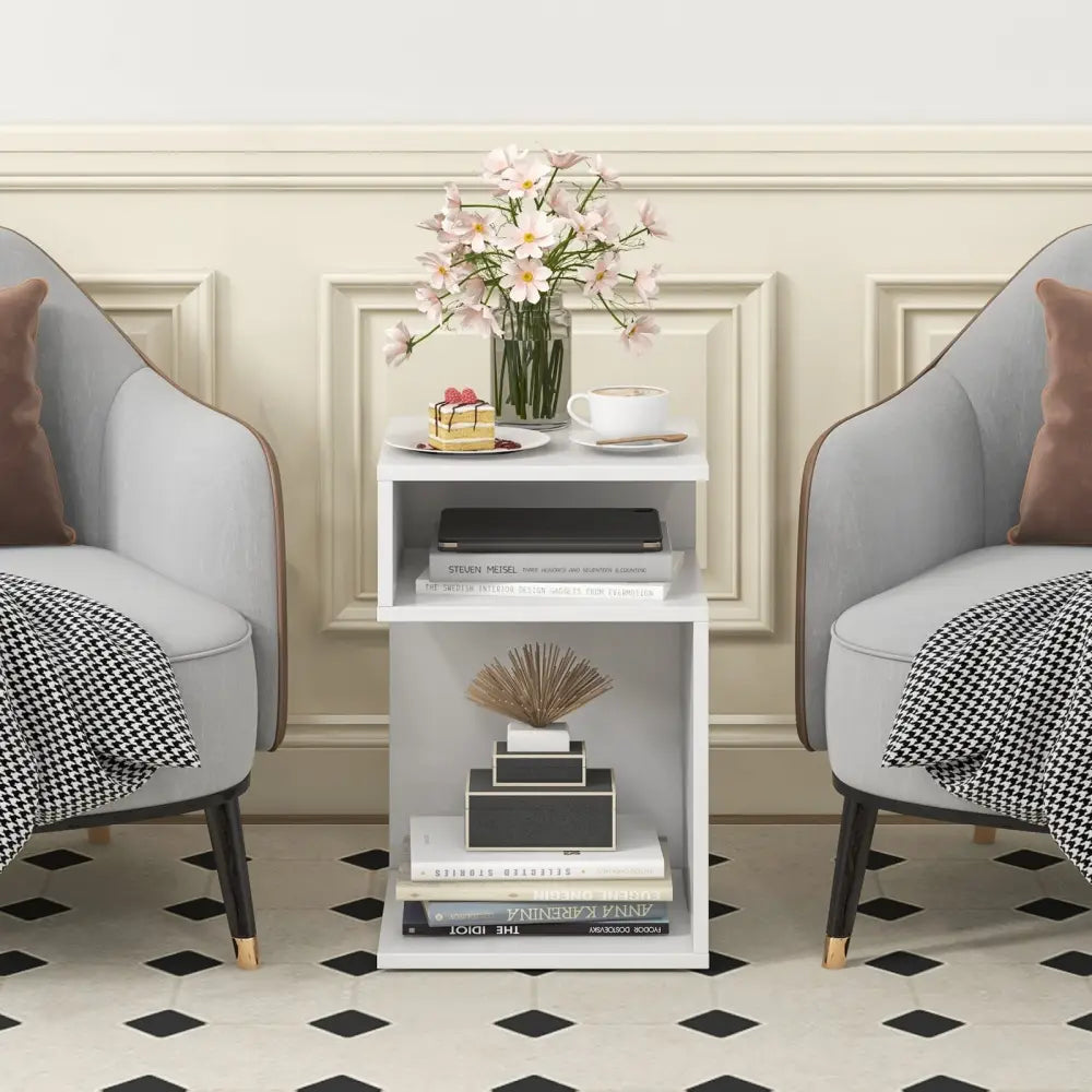 S-Shaped Side Table with Unique S-shaped Frame and 2 Open Compartments-White - White - End & Side Tables