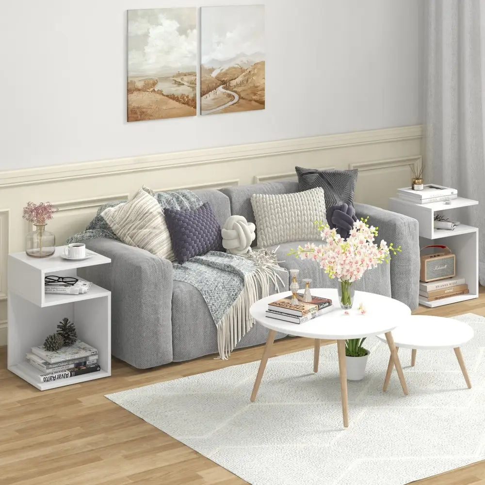 S-Shaped Side Table with Unique S-shaped Frame and 2 Open Compartments-White - White - End & Side Tables