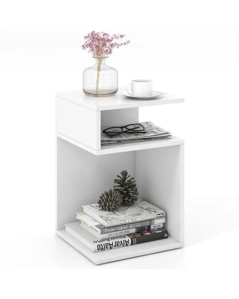S-Shaped Side Table with Unique S-shaped Frame and 2 Open Compartments-White - White - End & Side Tables