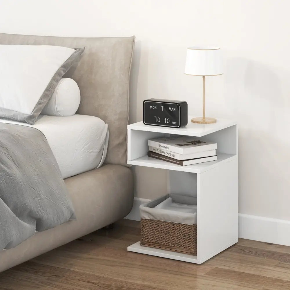 S-Shaped Side Table with Unique S-shaped Frame and 2 Open Compartments-White - White - End & Side Tables
