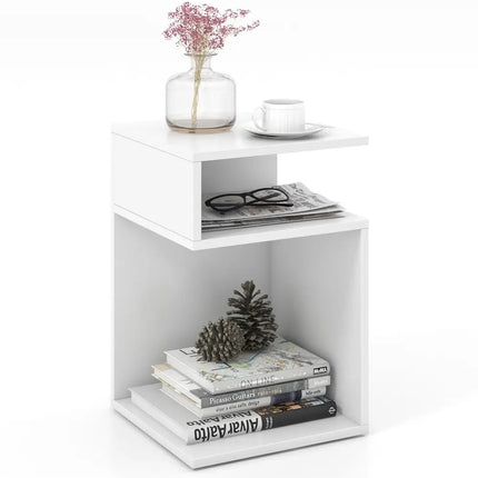 S-Shaped Side Table with Unique S-shaped Frame and 2 Open Compartments-White - White - End & Side Tables