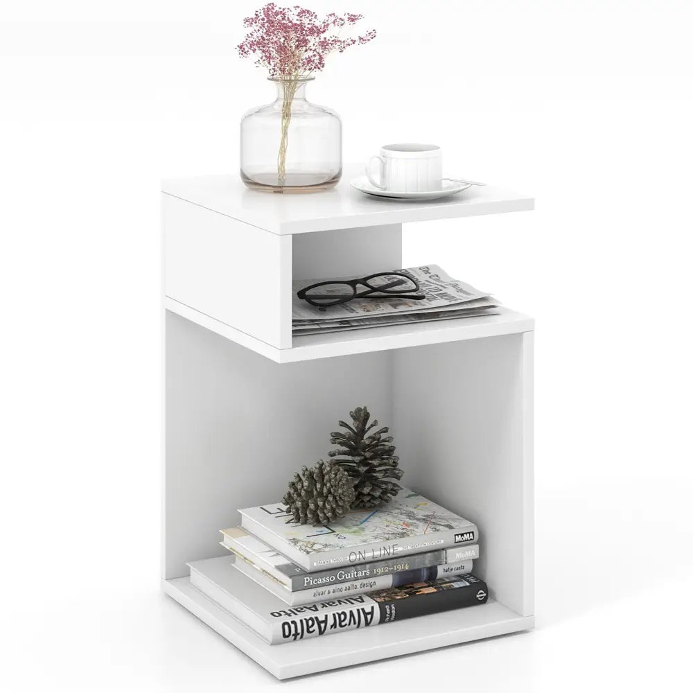 S-Shaped Side Table with Unique S-shaped Frame and 2 Open Compartments-White - White - End & Side Tables