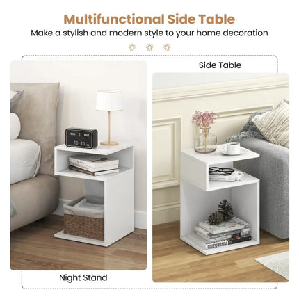 S-Shaped Side Table with Unique S-shaped Frame and 2 Open Compartments-White - White - End & Side Tables