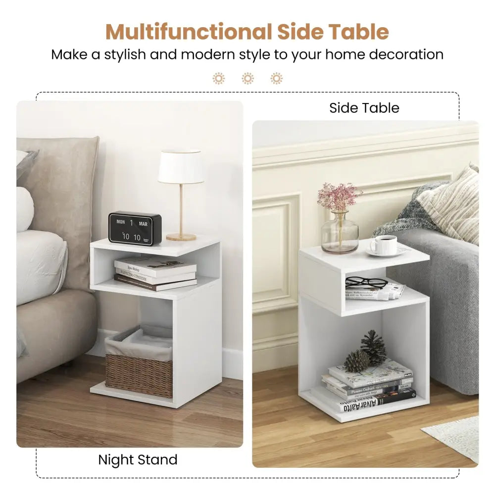S-Shaped Side Table with Unique S-shaped Frame and 2 Open Compartments-White - White - End & Side Tables