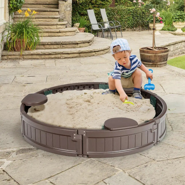 Sandbox with Built-in Corner Seat and Cover-Brown - Brown - Sandboxes