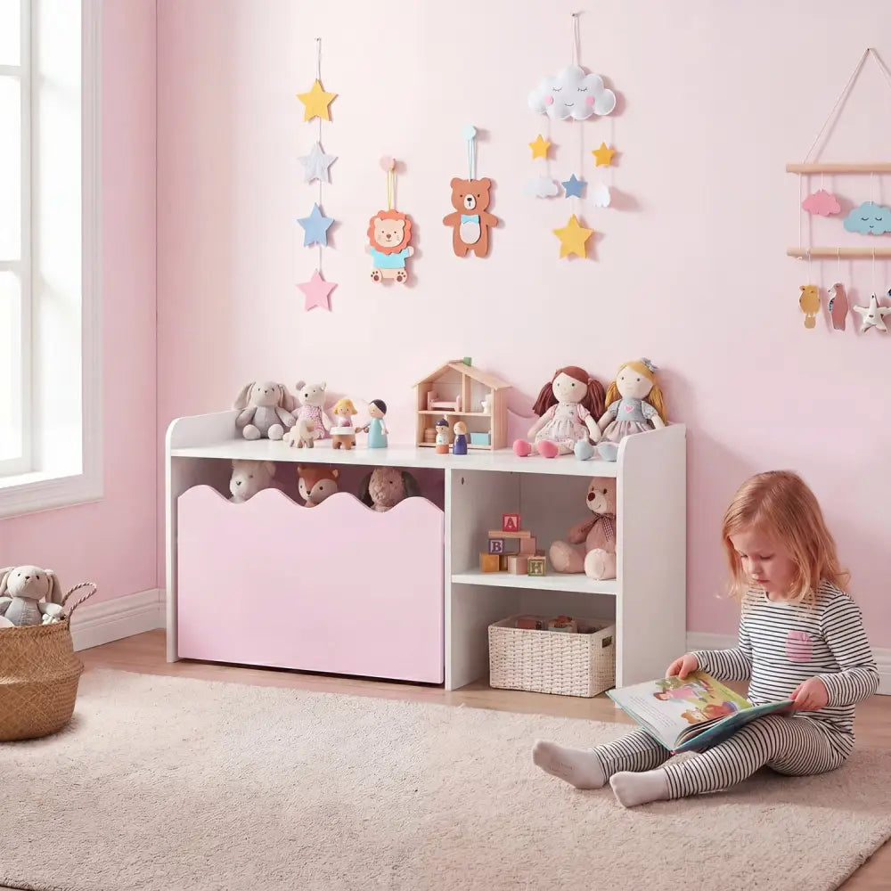 Scalloped Kids Bookshelf and Toy Storage Organizer for Playroom-Pink - Pink - Kids Storage