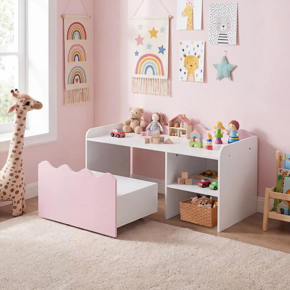 Scalloped Kids Bookshelf and Toy Storage Organizer for Playroom-Pink - Pink - Kids Storage