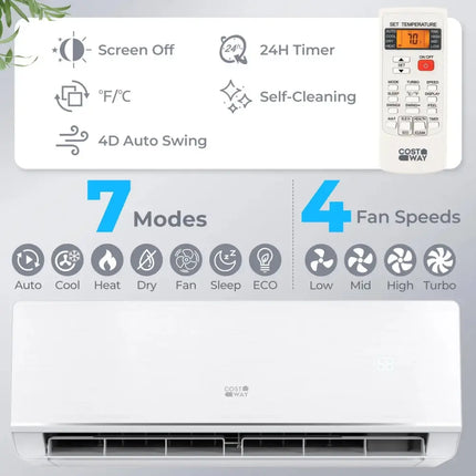 SEERXtreme Series ENERGY STAR Certified 12000 BTU 24 SEER2 208-230V Mini Split Heat Pump Heating at -25â„ƒ Costway