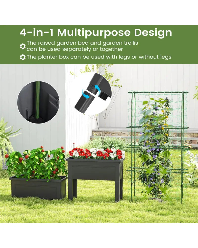Self-watering Raised Garden Bed Elevated Planter with Climbing Trellis-Black - Gray - Raised Garden Beds