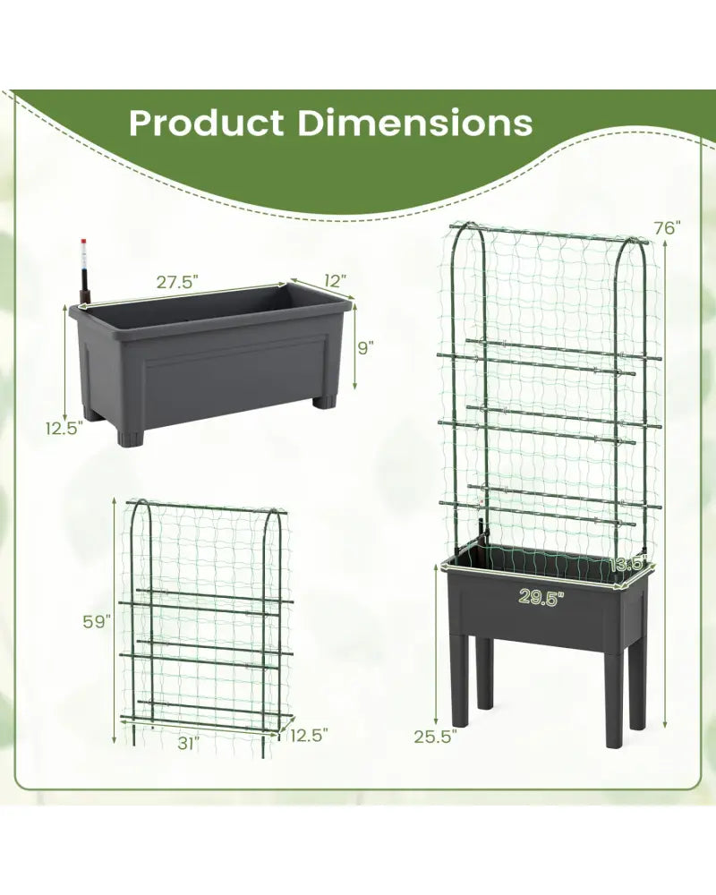 Self-watering Raised Garden Bed Elevated Planter with Climbing Trellis-Black - Gray - Raised Garden Beds