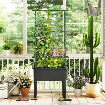 Self-watering Raised Garden Bed Elevated Planter with Climbing Trellis-Black - Gray - Raised Garden Beds
