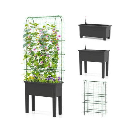 Self-watering Raised Garden Bed Elevated Planter with Climbing Trellis-Black - Gray - Raised Garden Beds