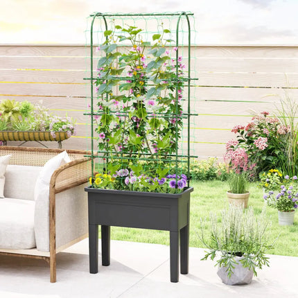Self-watering Raised Garden Bed Elevated Planter with Climbing Trellis-Black - Gray - Raised Garden Beds