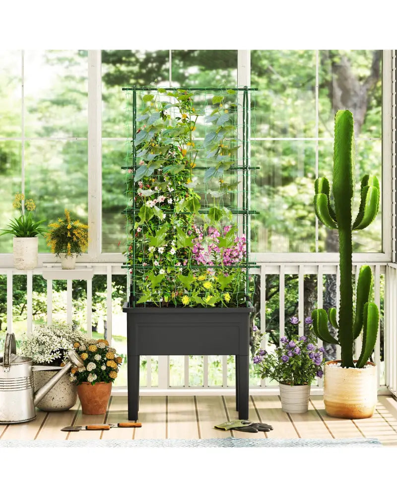 Self-watering Raised Garden Bed Elevated Planter with Climbing Trellis-Black - Gray - Raised Garden Beds