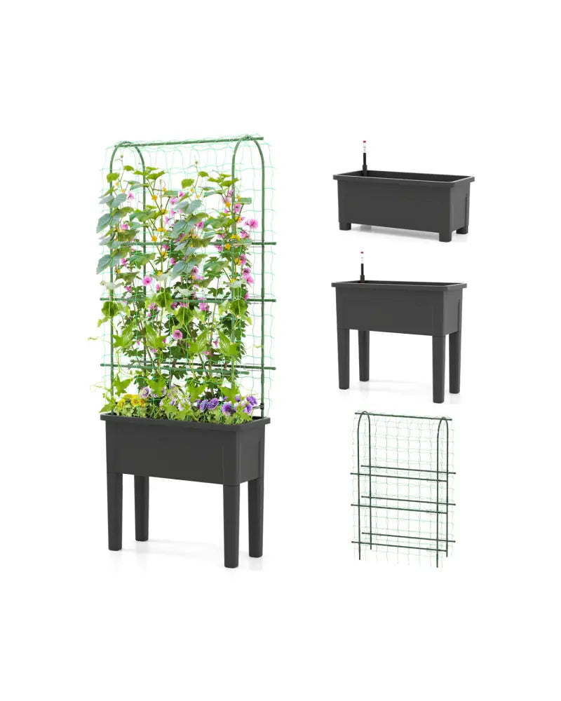 Self-watering Raised Garden Bed Elevated Planter with Climbing Trellis-Black - Gray - Raised Garden Beds