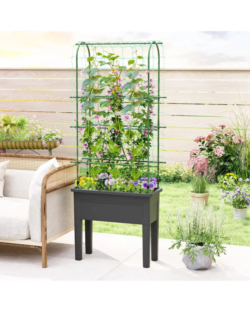 Self-watering Raised Garden Bed Elevated Planter with Climbing Trellis-Black - Gray - Raised Garden Beds