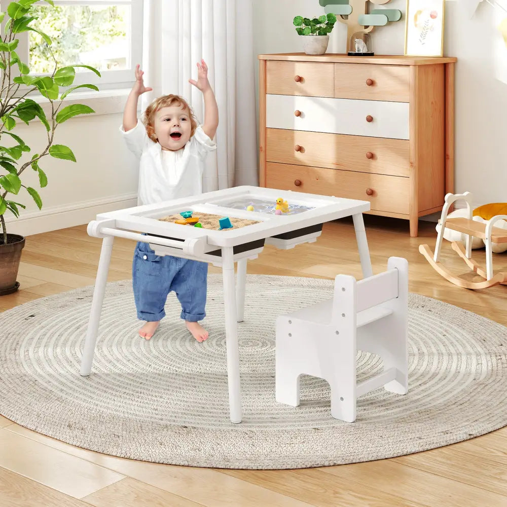 Sensory Table and Chair Set for Kids 2-8 with Foldable Bins-White - White - Kids Table & Chair Sets