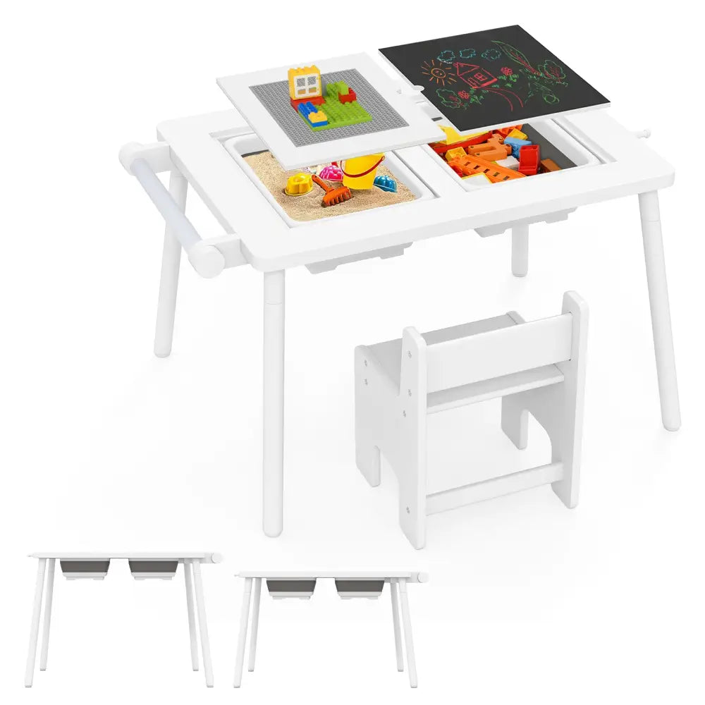Sensory Table and Chair Set for Kids 2-8 with Foldable Bins-White - White - Kids Table & Chair Sets