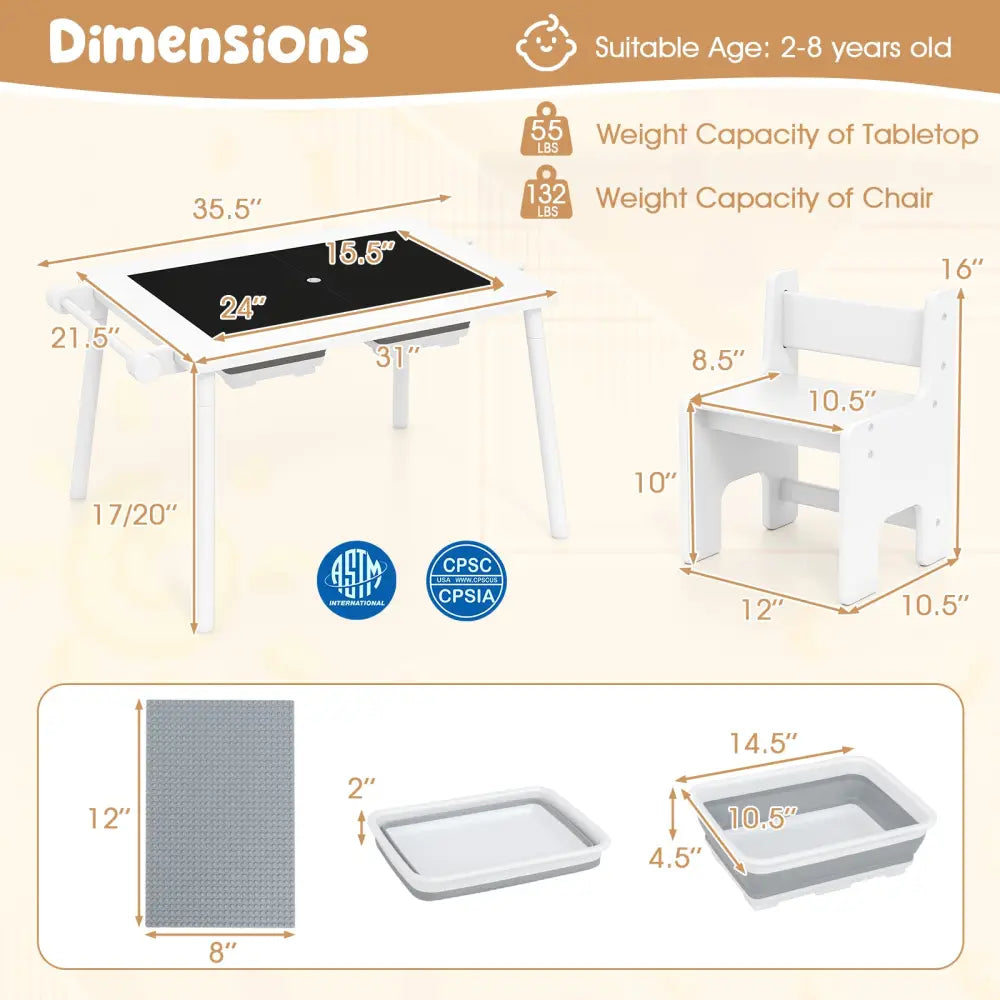 Sensory Table and Chair Set for Kids 2-8 with Foldable Bins-White - White - Kids Table & Chair Sets