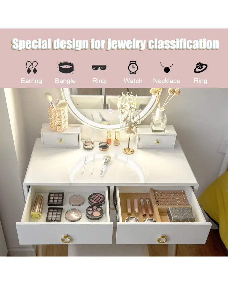Set 3 Makeup Vanity Table Color Lighting Jewelry Divider Dressing Table-White - White - Makeup Vanities