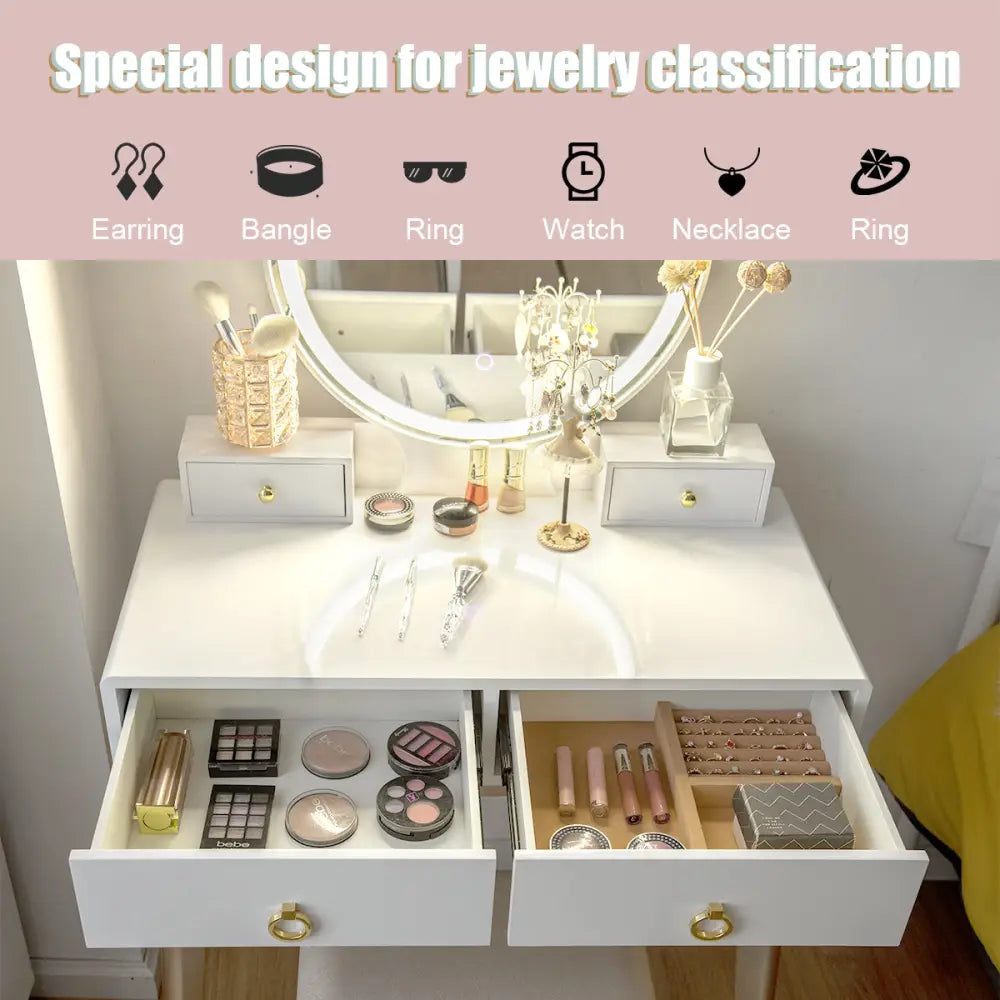 Set 3 Makeup Vanity Table Color Lighting Jewelry Divider Dressing Table-White - White - Makeup Vanities