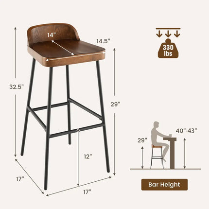 Set of 1/2 29 Inch Industrial Bar Stools with Low Back and Footrests-Set of 2 - Rustic Brown - Bar Stools